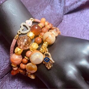 Evil Eye Charm, Agate, Pearl, Sandstone, Malachite & Pewter Bracelet Set